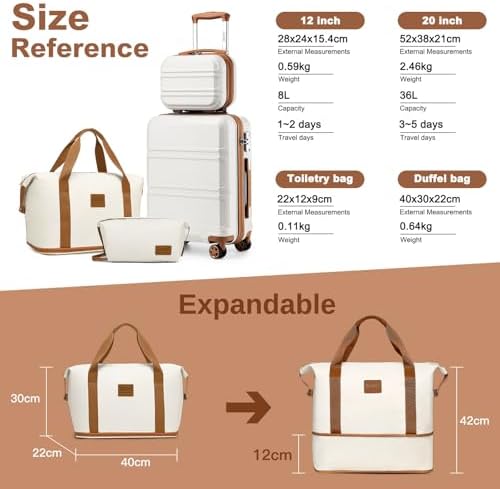 Kono Suitcase Lightweight ABS+PC Hard Shell Carry-Ons Cabin Case 12'' and 20'' Luggage Set with TSA Lock Luggage Sets of 4 Piece Included Duffels Bag & Toiletry Bag for Travel（Cream White） - Image 2