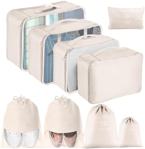 Packing Cubes for Suitcases, MOFELON 9 PCS Packing Cubes for Backpack, Waterproof Luggage Suitcase Organiser Bags, Travel Essentials Bag for Clothes Shoes,Travel Accessories (Beige)