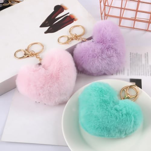 JIHUOO 3 Pcs Heart Pom Pom Keychains Faux Fur Pom Pom Key Chain Ring Cute Bag Charms Puff Ball Keychain Fluffy Backpack Charms for Girls Women Pink white purple - Image 3