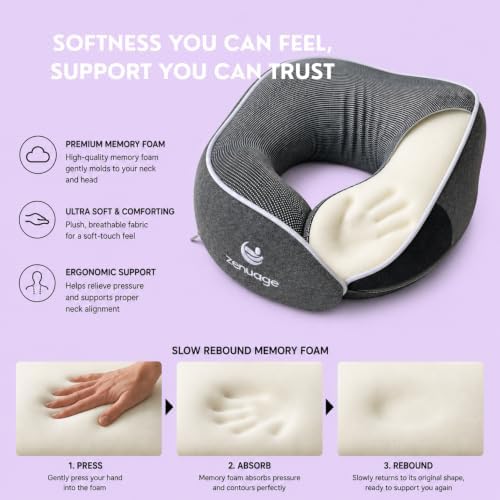 Luxury Memory Foam Travel Neck Pillow, 100% Cotton Jersey, 360° Support, with Mesh Travel Case, Flight Cushion, Eye mask and Ear Plugs, Essentials for flying, Adjustable Size, UK Brand (Latte) - Image 5