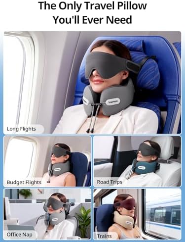 Inspireyes Neck Pillow, Travel Pillow with Seat Strap, 3D Sleep Mask, Dual Support Neck and Head, High Supportive Foam Airplane Pillow for Long Flight Road Trip, Stop Bobblehead Travel Essential, Grey - Image 8