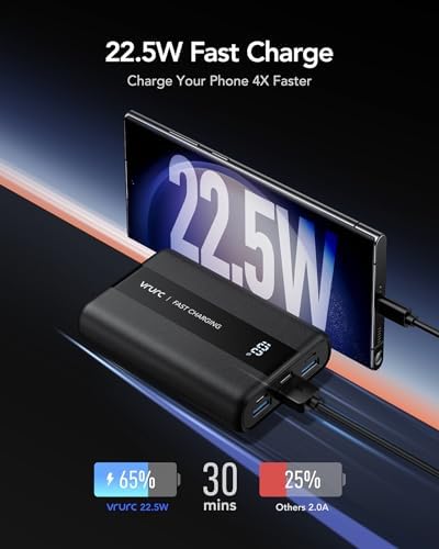 VRURC Power Bank 20000mAh,Portable Charge Fast Charging USB C 22.5W Small Battery Pack PD QC 3.0 with 3 Input &4 Output Compatible iPhone Samsung,Smartphones Tablets and More - Image 3