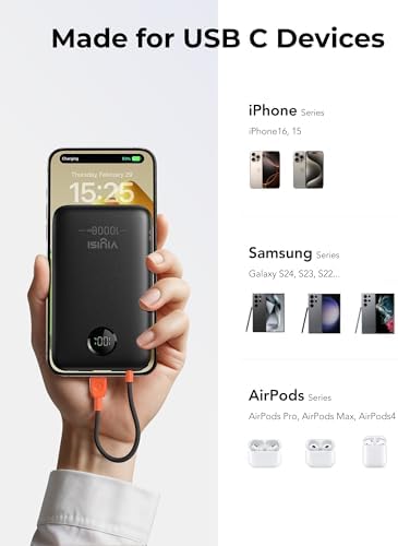 VIYISI Ultra-Slim 10000mAh Power Bank, QC 22.5W Fast Charging Portable Charger with Built-in Type-C Cable, LED Display Travel Phone Charger for iPhone 17 16 15 Samsung Android -Black - Image 4