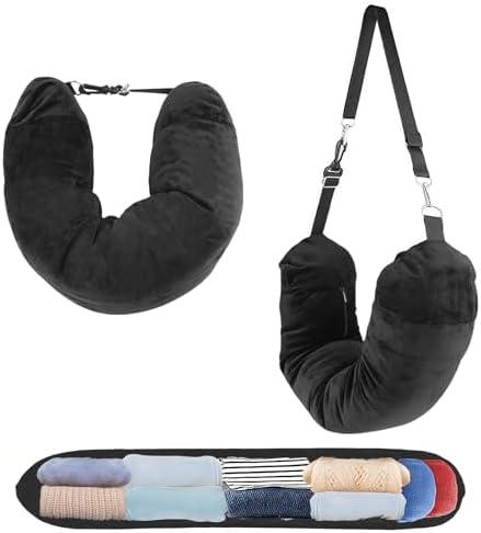 Stuffable Travel Pillow, Fillable Neck Pillow for Travel with Adjustable Straps, Portable Soft Airplane Pillows Stuffable with Clothes for Essentials Extra Luggage, Travel Essentials (Black)