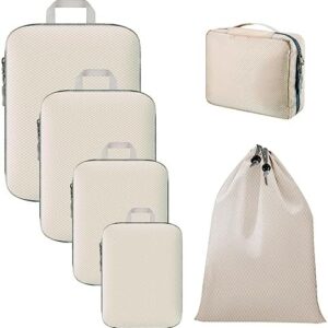 6 Piece Set Compression Packing Cubes For Suitcases Packing Cubes For Travel, With Travel Toiletry Bag and Laundry Bag (Beige)