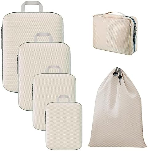 6 Piece Set Compression Packing Cubes For Suitcases Packing Cubes For Travel, With Travel Toiletry Bag and Laundry Bag (Beige)