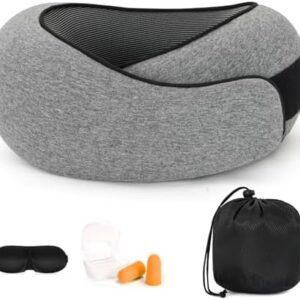 360° Memory Foam Travel Pillow for Adults | Adjustable Neck Support for Long Flights, Train & Car Journeys | Includes Carry Case, Eye Mask & Ear Plugs for Complete Travel Comfort(Light Grey)