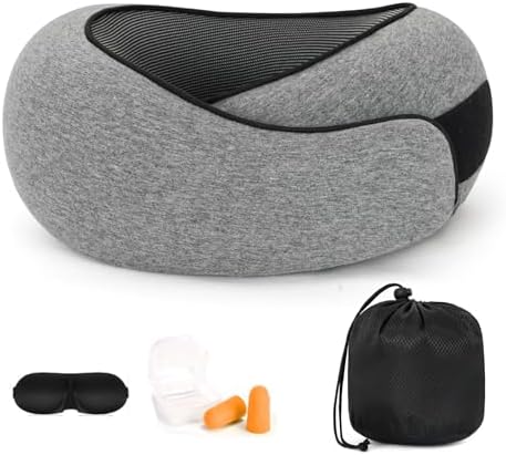 360° Memory Foam Travel Pillow for Adults | Adjustable Neck Support for Long Flights, Train & Car Journeys | Includes Carry Case, Eye Mask & Ear Plugs for Complete Travel Comfort(Light Grey)
