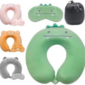 Bear Travel Pillow, Cute Neck Pillow for Kid, Memory Foam Neck Support Pillow(Washable Cover) with Cute Eye Mask for Sleeping Rest on Airplane Lightweight Travel Headrest