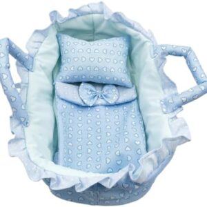 Baby Doll Carrier,Portable Doll Bed and Cradle with Handle,35 Cm Blue Heart Design Baby Doll Crib,Perfect for Travel And Playtim - Miniature Dollhouse Bed for Children Playroom, Doll Nursery Accessory