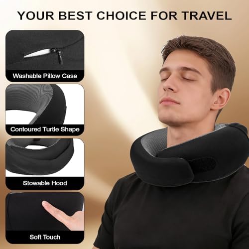 Travel Pillow with Hood for Airplane, Ergonomic Turtle Travel Pillow for Neck Support, Soft Memory Foam Hooded Neck Cushion for Long Haul Flights, Car Driving, Office Napping (Black) - Image 3