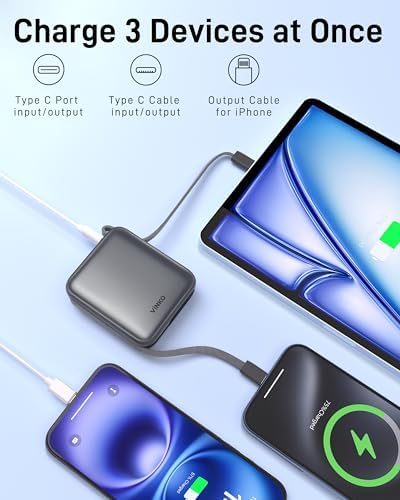 VINKO Small Power Bank with Built-in Cable,10000mAh Fast Charging Power Bank, 22.5W USB C Portable Charger, Mini Battery Pack for iPhone 16 15 14 13 Samsung Galaxy Google Android (Gray) - Image 5