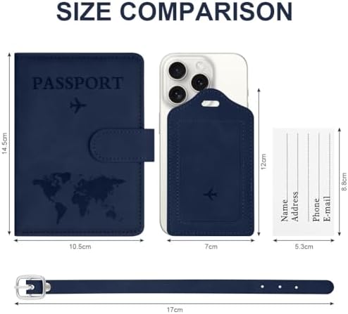 OFFCUP Passport Holder Cover, PU Leather Passport Cover and Luggage Tag Set with RFID Blocking Travel Wallet, Universal Travel Wallet Case Organiser for Money, Boarding Passes, Credit Cards Dark Blue - Image 2