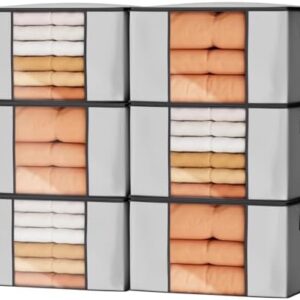 Oak & Tea Storage Bags 90L 6-Pack, Moving Bags & Wardrobe Organiser with Lid & Zips, PE Coated Woven Fabric - Waterproof Storage Box with Clear Window for Clothes, Blankets, Bedding 60x43x35cm