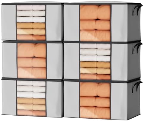 Oak & Tea Storage Bags 90L 6-Pack, Moving Bags & Wardrobe Organiser with Lid & Zips, PE Coated Woven Fabric - Waterproof Storage Box with Clear Window for Clothes, Blankets, Bedding 60x43x35cm