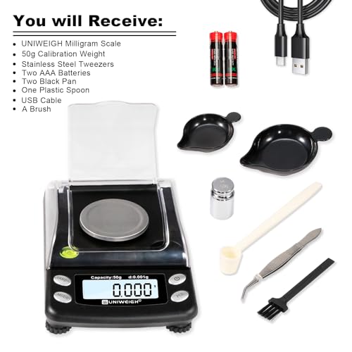 UNIWEIGH Digital Milligram Scale Accurate 0.001g/50g mg Scale for Powder | Precision scale for Jewelry,Gold,Gem,Reloading,Micro Gram Scale with 6 Units,Tare,Cal Weight,pocket scale with USB&battery - Image 7