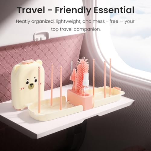 Vicloon 6 in 1 Baby Bottle Brush Set, Travel Bottle Cleaner Kit with Silicone Bottle/Nipple/Straw Brush, Soap Dispenser, and Drying Rack, Baby Travel Essentials (Pink) - Image 8