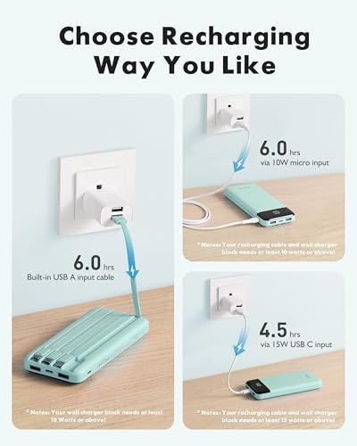 Charmast Power Bank with Built in Cables X 4, 10000mAh Portable Charger 6 Outputs 3 Inputs Travel Essentials, LED Display Type C Powerbank, Slim USB C Battery Pack Compatible with iPhone17/Samsung etc - Image 6