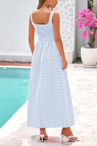 PRETTYGARDEN Women's 2025 Summer Spaghetti Strap Maxi Dresses Plaid Square Neck A Line Casual Beach Vacation Long Sundress - Image 2