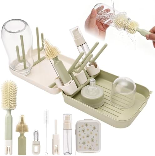 8-in-1 Baby Bottle Brush Set, Travel Bottle Brush Set with Silicone Nipple/Straw Brushes, Soap Dispenser, Drying Rack, Portable Newborn Feeding Accessories for Home & Travel