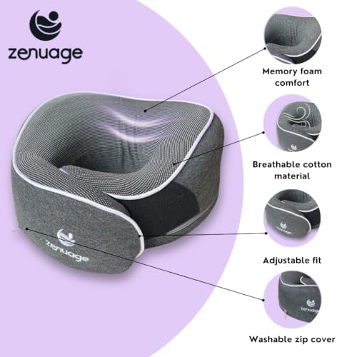Luxury Memory Foam Travel Neck Pillow, 100% Cotton Jersey, 360° Support, with Mesh Travel Case, Flight Cushion, Eye mask and Ear Plugs, Essentials for flying, Adjustable Size, UK Brand (Latte) - Image 3