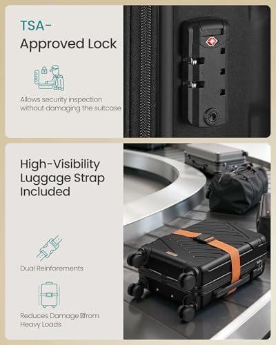 SONGMICS Hard Shell Suitcase, ABS Luggage Trolley with TSA Lock, 4 Double Spinner Wheels, Travel Case with Strap, Cabin Suitcase 55 cm, Ink Black RLP001B101 - Image 5