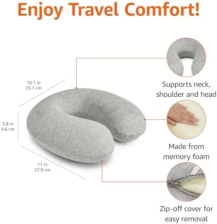 Amazon Basics Travel Pillow, Memory Foam Neck Pillow For Travel, Machine Washable Cover with Elastic Carrying Strap, 30.5 x 30.5 x 9.6 cm, Grey - Image 3