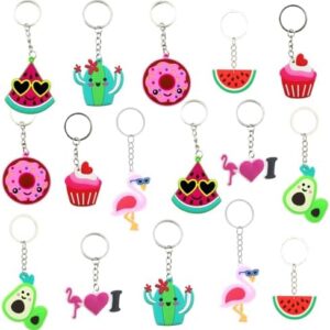 16 Pieces Summer Keychains, Silicone Keychains for Kids, Fruits and Treats Keyring Watermelon Avocado Doughnut Flamingo Cactus, Cute Backpack Keychain Summer Party Favours (A1)