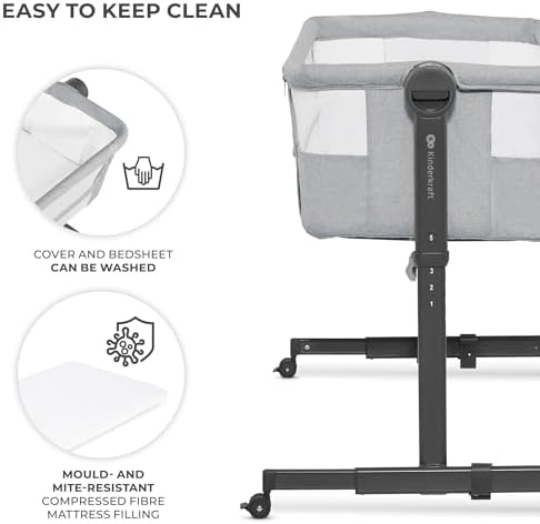 Kinderkraft Neste UP 2 Bedside Crib, Travel Cot, Co-Sleeping Bed, Ajustable Height, Foldable Side Wall, Transport Wheels, with Accessories, Cotton Sheet, for Newborn, 0-9 kg, up to 6 Month, Gray - Image 7