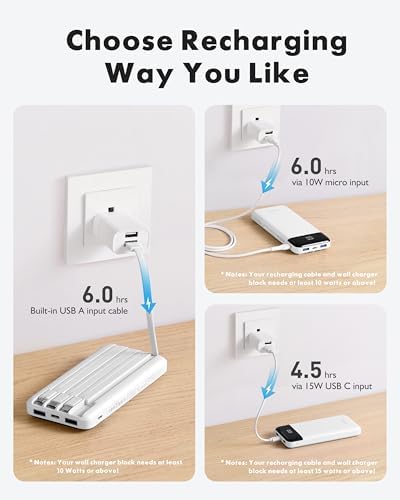 Charmast Power Bank with Built in Cables X 4, 10000mAh Portable Charger 6 Outputs 3 Inputs Travel Essentials, LED Display Type C Powerbank, Slim USB C Battery Pack Compatible with iPhone17/Samsung etc - Image 4