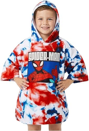 Marvel Spiderman Bath Towel with Hood for Kids Teenagers Absorbent Changing Robe Poncho Towel for Swimming Bath Shower Beach Towel Holiday Essentials (Multi Spiderman, 10-13 Years)