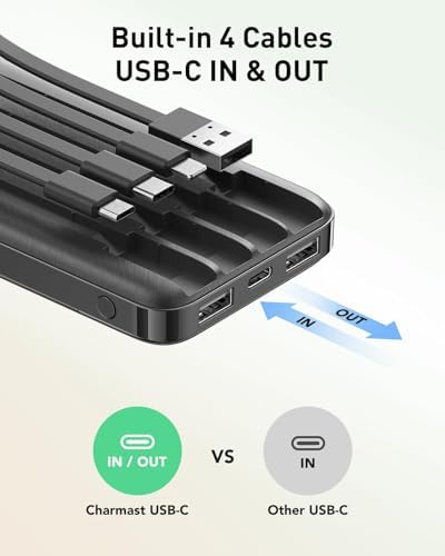 Charmast Portable Charger,10000mAh Power Bank with Built in 4 Cables,6 Outputs 3 Inputs Travel Essential USB C Battery Pack compatible with iPhone iPad Phones - Image 3