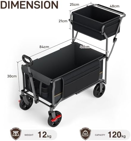 EVER ADVANCED Folding Push & Pull Trolley with Brake, Shopping Basket, Cup Holder, Side Pocket, Beach Trolley up to 100 kg for Camping, Beach, Shopping Black - Image 3