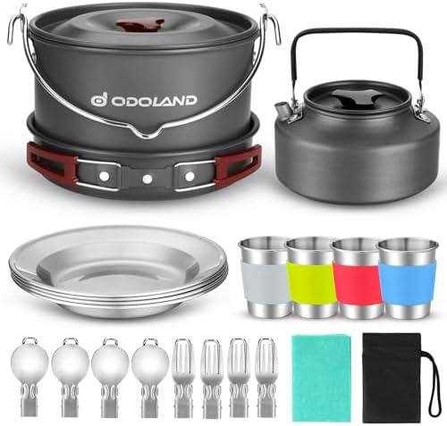 Odoland Camping Cookware Kit for 3-4 People Portable Stainless steel Cooking Set for Camping, Backpacking, Outdoor Cooking and Picnic