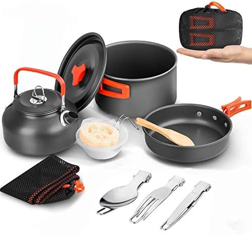 Camping Cookware Kit, Camping Cookware Set Outdoor Cooking Pot Pan Kettle Lightweight Camping Accessories Backpacking Hiking Gear for 2 to 3 People Picnic,Travel