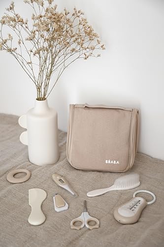 BÉABA Baby Travel Toiletries Bag – 10 Care Accessories from Birth – Rotating Hook, Compact Size, Double Zip – Thermometers, Nail Clippers, Baby Nasal Aspirator, Brush – Clay Colour - Image 5