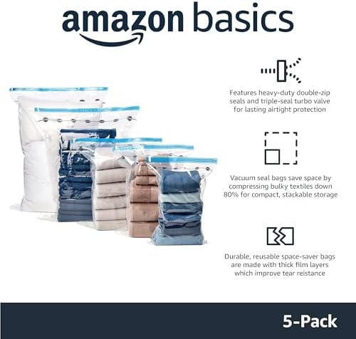 Amazon Basics Vacuum Compression Zipper Storage Bags with Airtight Valve and Hand Pump, Medium, 5-Pack, Clear - Image 2
