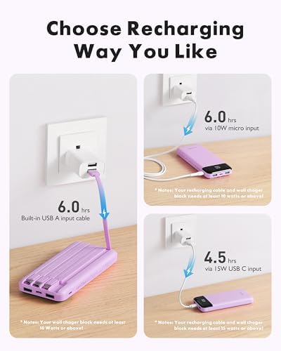 Charmast Power Bank with Built in Cables X 4, 10000mAh Portable Charger 6 Outputs 3 Inputs Travel Essentials, LED Display Type C Powerbank, Slim USB C Battery Pack Compatible with iPhone17/Samsung etc - Image 4