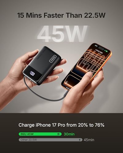 INIU Power Bank, Smallest 45W Fast Charging 20000mAh Portable Charger with Built-in USB C Cable, Flight-Safe Mobile Phone Powerbank, Battery Pack for iPhone 17 16 15, Samsung, Xiaomi, iPad etc, Black - Image 3