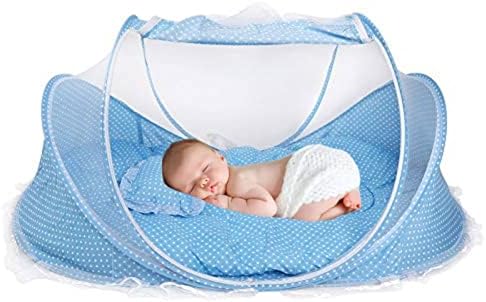Baby Travel Bed Crib, Foldable Baby Infant Cradle Anti-Bug Tent with Protective Mosquito Net, Portable with Mattress Pillow for 0-18 Month Baby Infant Outdoors and Indoors(Blue/Pink)(Blue)
