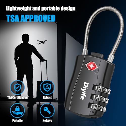 Diyife TSA Approved Luggage Locks with Flexible Steel Cable, Easy to Set up | 3-Digit Combination Suitcase Locks, Small Padlocks with Code for Travel, Bag, Backpack, Zinc Alloy Body (Black, 2 Pack) - Image 9