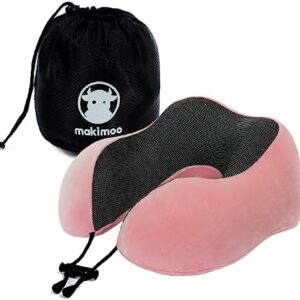 Memory Foam Travel Pillow, Neck Pillow with 360-Degree Head Support, Comfortable and Lightweight, Ideal for Sleeping on Airplane, Car, Train, Bus and Home Use, Comes with Storage Bag (Pink)