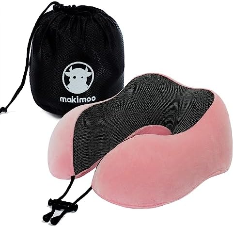 Memory Foam Travel Pillow, Neck Pillow with 360-Degree Head Support, Comfortable and Lightweight, Ideal for Sleeping on Airplane, Car, Train, Bus and Home Use, Comes with Storage Bag (Pink)