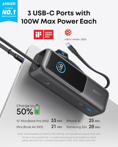 Anker Laptop Power Bank, 25,000mAh Portable Charger with Triple 100W USB-C Ports, Built-in Retractable Cables, Flight-Approved for Travel, iPhone 17/16 Series, Samsung, and More - Image 2