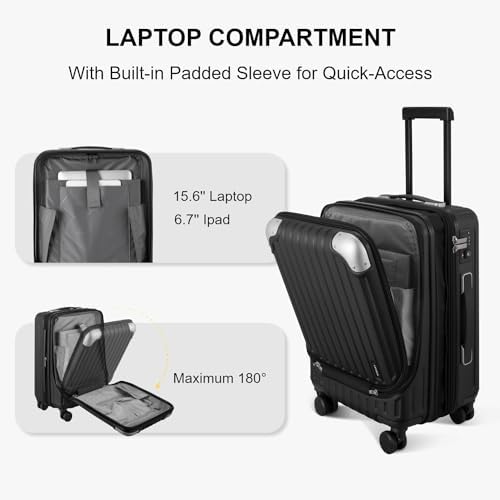 LEVEL8 Carry on Suitcase, 55CM Hand Luggage Expandable with Laptop Compartment, ABS+PC Hardshell Spinner Trolley Cabin Size with 4 Wheels, TSA, Black - Image 3