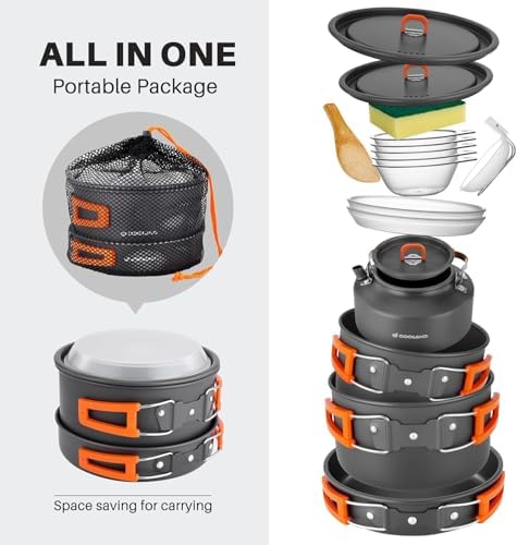Odoland Camping Cookware Set Non-Stick Lightweight Camping Kettle Pots and Pans Mess Kit with Bowls Soup Spoon for Backpacking, Outdoor Cooking and Picnic for 4-6 People - Image 6