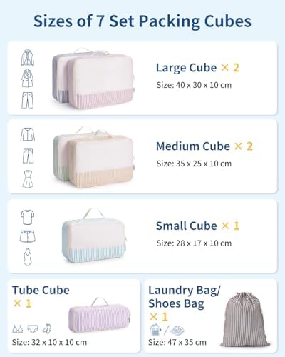 Narwey 7 Set Packing Cubes for Suitcases and Backpack, Travel Packing Cubes Suitcase Organiser Bags for Carry on Hand Luggage Hospital Bag Organiser Pouches for Travel Essentials (Stripe Multicolored) - Image 2