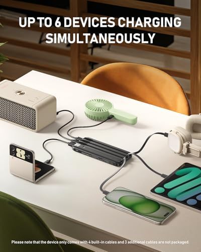 Charmast Portable Charger,10000mAh Power Bank with Built in 4 Cables,6 Outputs 3 Inputs Travel Essential USB C Battery Pack compatible with iPhone iPad Phones - Image 2