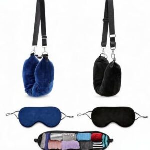 2 pcs Stuffable Neck Pillow for Travel with 2 eye masks, Soft Stuffable Neck Pillow for Travel Multifunctional U-Shaped Cushion Fillable with Clothes for Essentials Extra Luggage, Black and blue