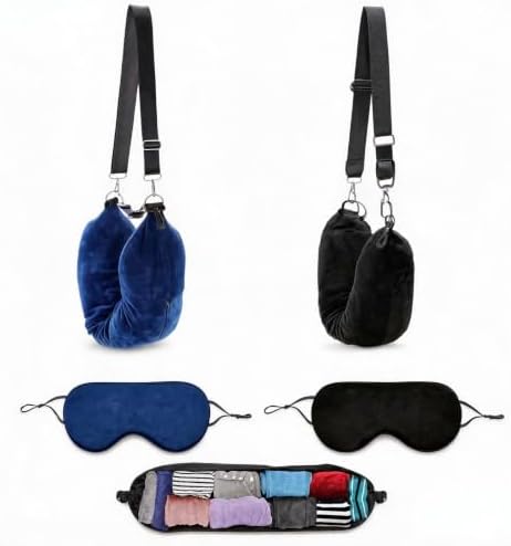 2 pcs Stuffable Neck Pillow for Travel with 2 eye masks, Soft Stuffable Neck Pillow for Travel Multifunctional U-Shaped Cushion Fillable with Clothes for Essentials Extra Luggage, Black and blue